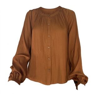 a new day Rust Brown Pleated Button-Front Blouse Balloon Sleeve Office Boho Sz S